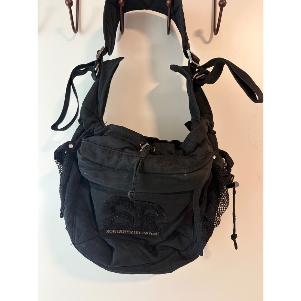 Sonia Rykiel Paris Vintage Y2K Black Nylon Hobo Shoulder Bag SR Logo 12x11